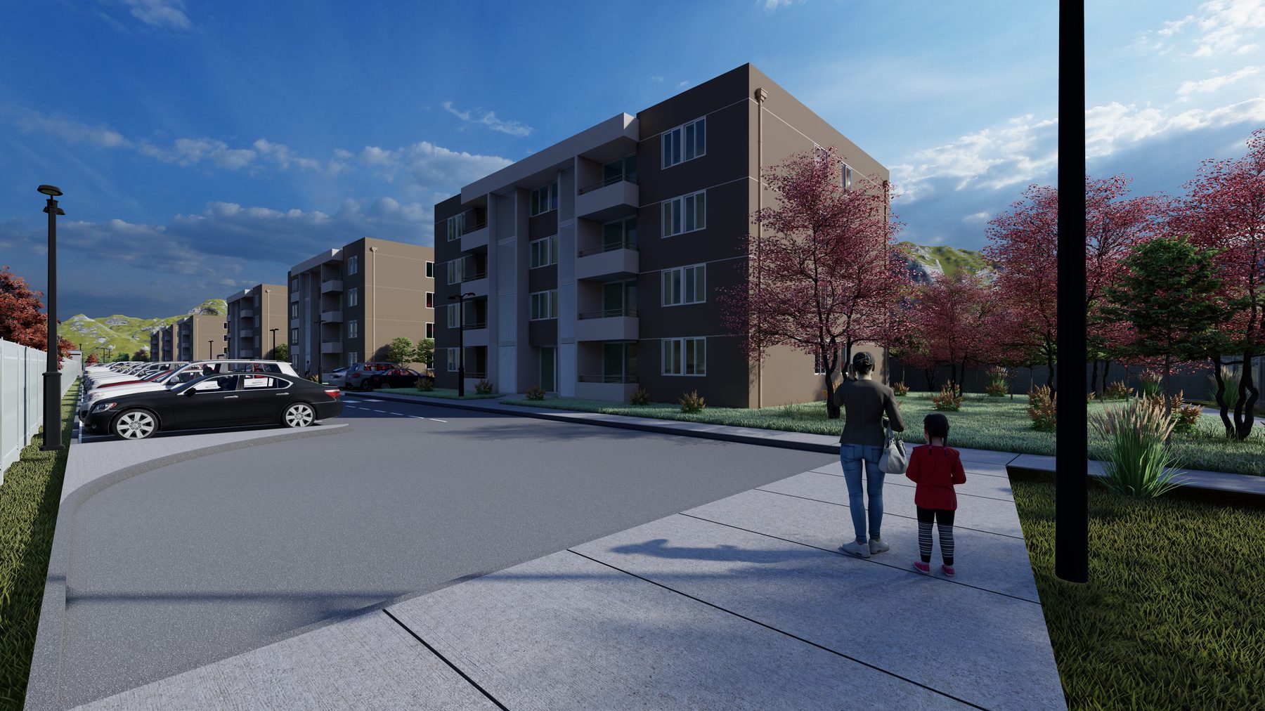 Familia caminando por las veredas peatonales del condominio